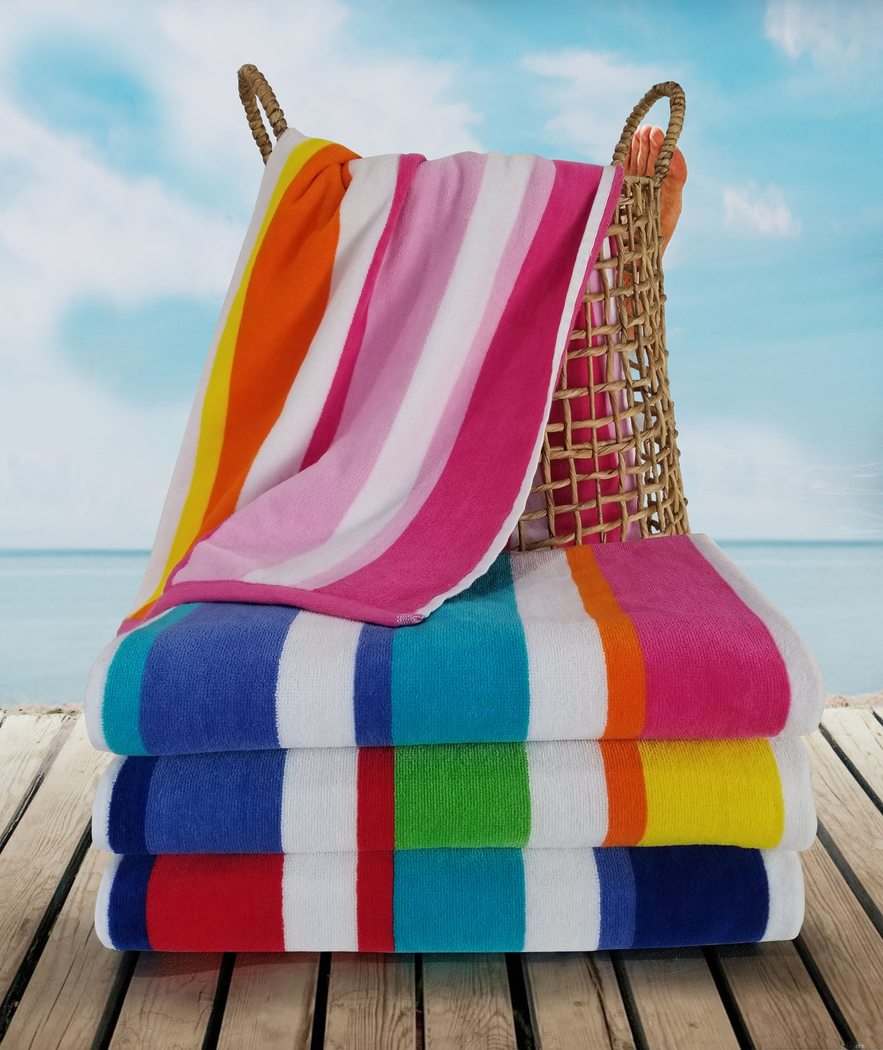 32x63 Terry Beach Towels Cotton Velour Maya Island Joy-Exclusive Multicolor, Cabana Stripe Beach & Pool Towel 14 lbs per doz, 100% Cotton.