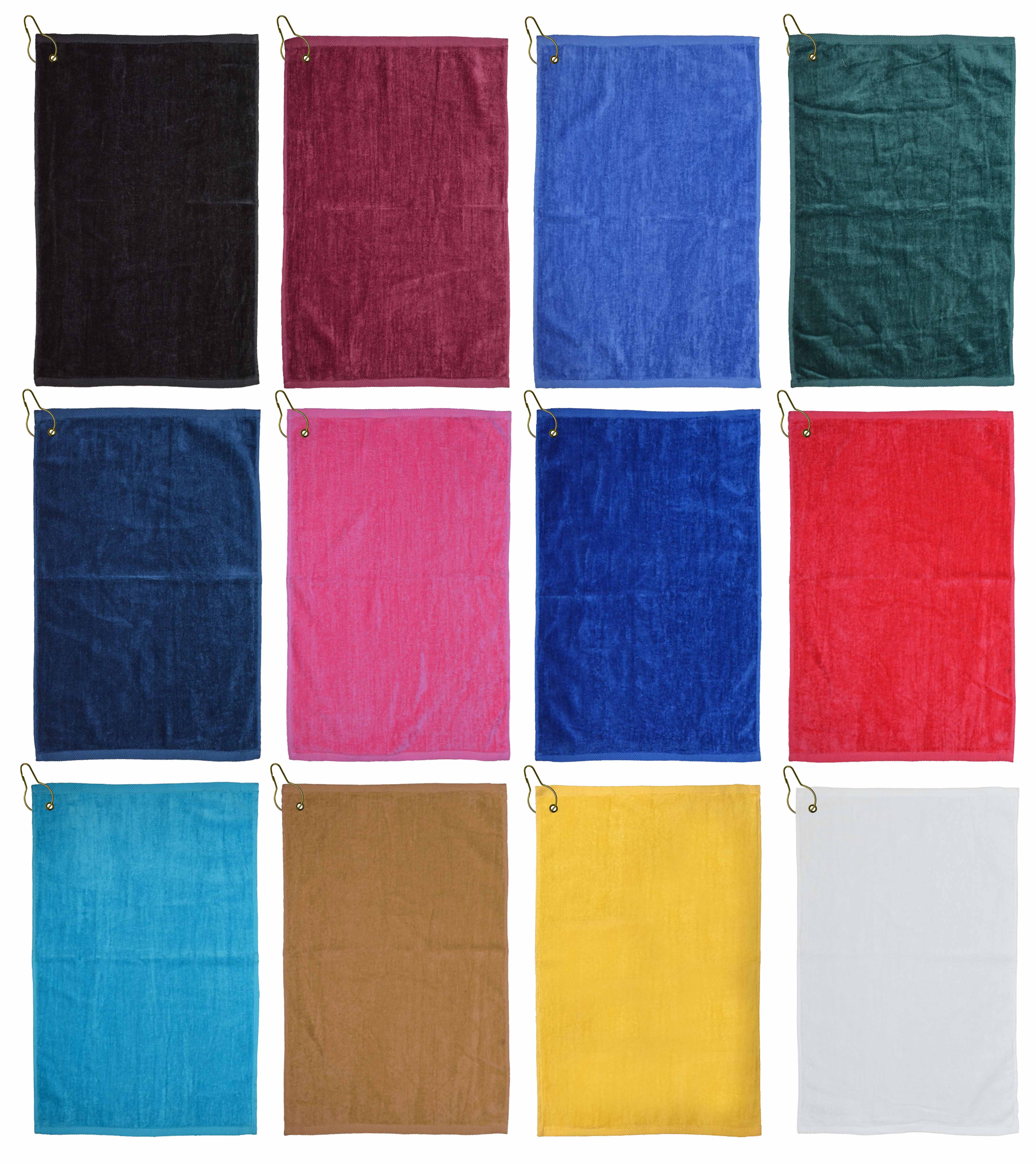 16x25 Open Golf Towels (assorted colors) with Grommet and Hook 100% Combed Cotton, 120 pcs per case.