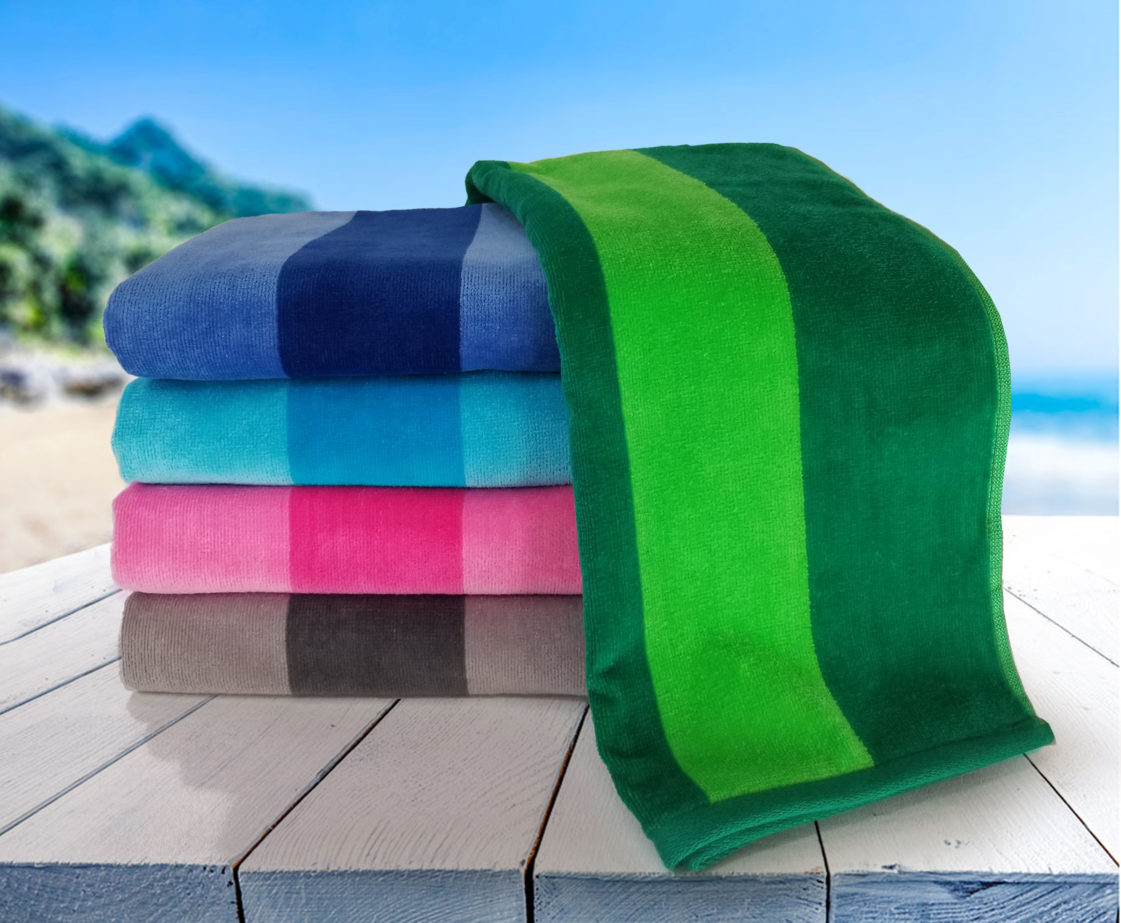 30x60 Terry Beach Towels Cotton Velour Two Tone Cabana Stripe 11 lbs per doz, 100% Cotton.